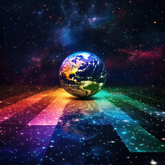 Fototapeta premium A vibrant and colorful depiction of the Earth in space with rainbow lights