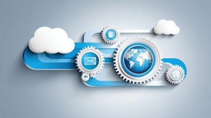 Modern Concept of Global Communication and Technology with Gears and Cloud Illustrations on Blue Background