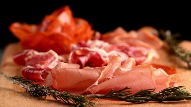 Close-up of artisan salami and jamon iberico on a rustic platter