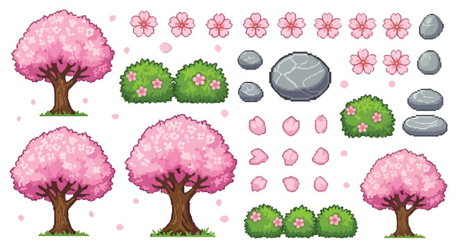 This pixel art vector features a charming collection of spring nature elements like cherry blossom trees, flowers, petals, green bushes, and grey stones.