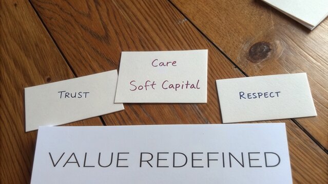 Conceptual image of value redefined showcasing words like trust, respect, care and soft capital on wooden surface