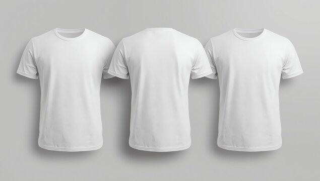 mockup showing three white short-sleeve t-shirts from different angles on a neutral gray background 