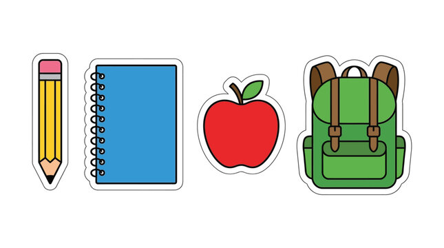 Cartoon style stickers of school supplies including a pencil, notebook, apple, and backpack on a white background.