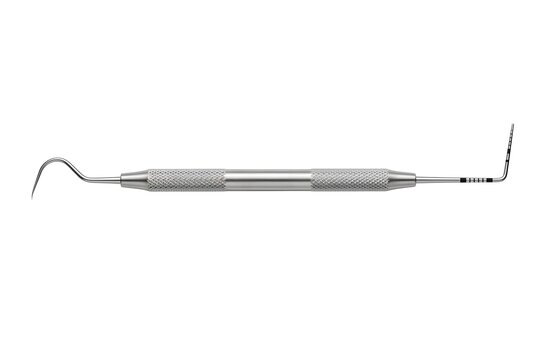 Isolated Stainless Steel Double-Ended Dental Explorer Probe and Periodontal Probe with Markings on White Background