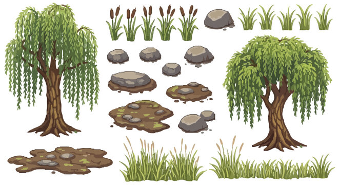 A vector collection of natural outdoor elements, featuring weeping willow trees, cattail plants, various grass clumps, and rocks with patches of dirt and moss.