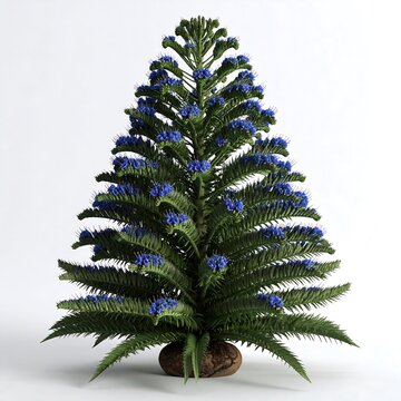 An isolated botanical rendering featuring a conically shaped plant with dense, spiky green foliage and clusters of small blue blossoms. It rests on a rounded, textured base