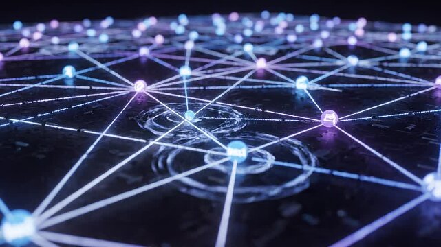 Glowing blue network connections web with nodes and lines on dark back