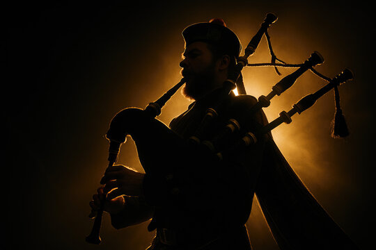 Silhouette of a bagpiper playing against a dramatic golden light