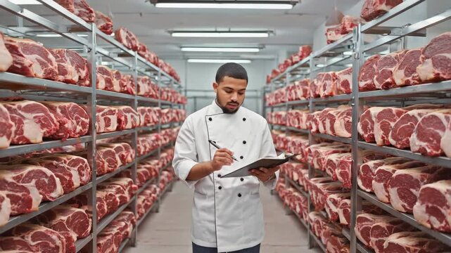 The male butcher examines meat surface, humidity control maintains environment, camera dollies through aging room 