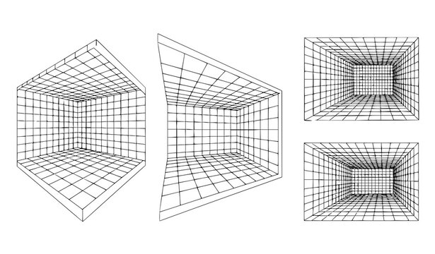 Abstract 3D room wireframe grid vector set with black perspective lines geometric interior design