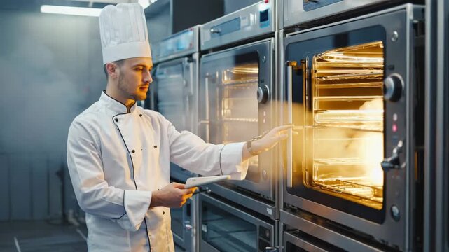 The male chef inputs parameters on touchscreen, oven chamber shows steam injection, camera trucks along oven line
