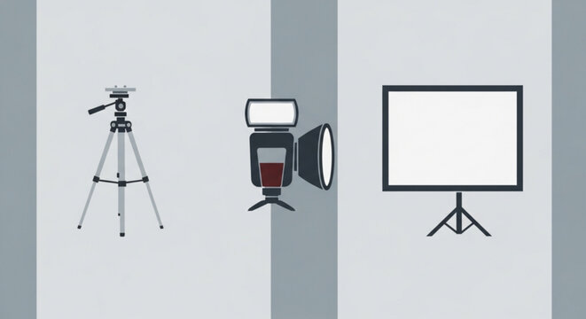 Studio equipment for photography and videography with a tripod softbox light and reflector screen on stands for product showcase and video production in a professional setting