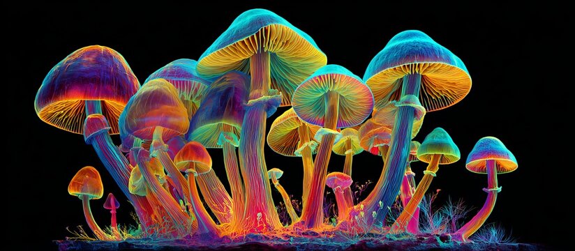 Thermographic photography of psychedelic mushrooms, with vivid colors, symmetrical composition, gradient background, macro lens, soft lighting, in the style of symphonic music.