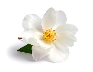 An isolated, delicate, open bloom with bright yellow center and white petals. A single green leaf and stem complete this close-up