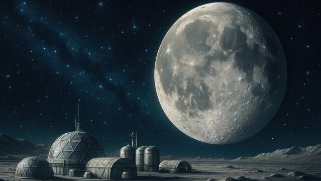 Futuristic lunar base under stars.
