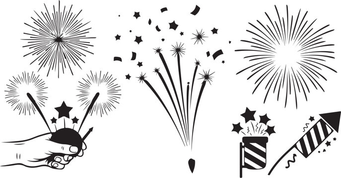 Fireworks Celebration Silhouette Vector Graphics Set for Party Decor