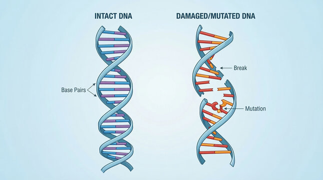 Microscopic Genetic Mutation and DNA Strand Damage Medical Illustration