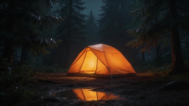 Lit tent in rainy forest at night