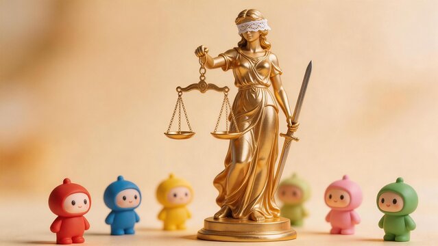 Golden statue of justice with colorful figurines