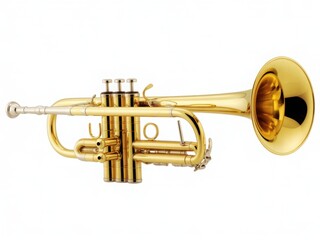 Obraz premium A close-up view of a shiny golden trumpet with a black mouthpiece isolated on white background