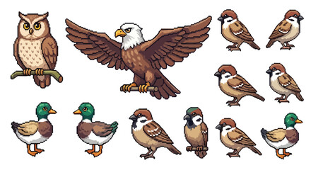Naklejka premium A pixel-art collection showcases various birds, including an owl, a majestic eagle with outstretched wings, multiple sparrows in different poses, and two mallard ducks.