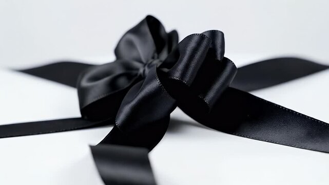Delicate Arrangement of Black Satin Bow and Ribbons in Wrapping Frame Isolated on Clean White Background