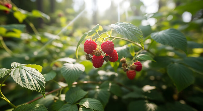 Fresh raspberries on bush at garden