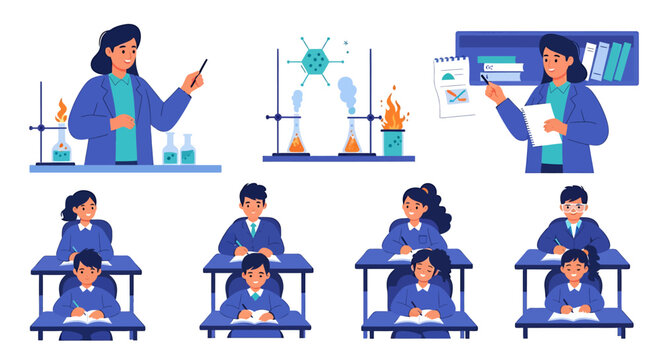Students and Teacher Conducting Science Experiments in Classroom Lab. Vector Illustrations. EPS Editable