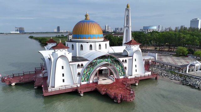 Drone shot of Melaka Straits Mosque or Floating Mosque in Malacca city Malaysia.