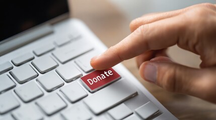 Close-up of finger clicking donate button on laptop keyboard. Online giving, charity campaign and digital fundraising concept for nonprofit organizations and social support