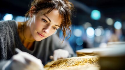 Book conservator repairing old pages at library desk with cotton gloves