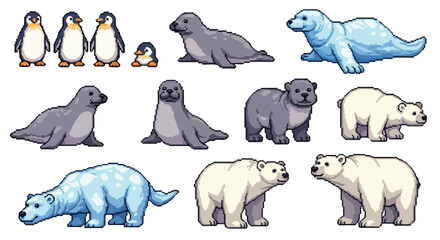 A charming pixel art collection showcasing different arctic animals like penguins, seals, and polar bears in diverse poses. © Aqil Art