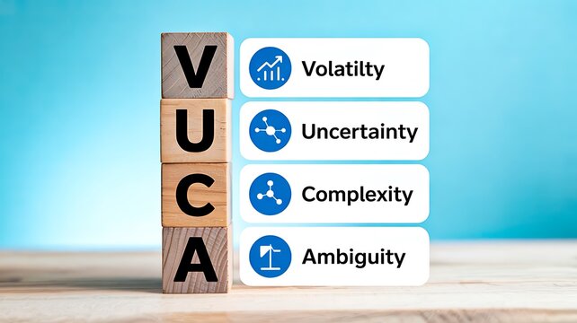 Vuca concept with wooden blocks representing volatility uncertainty complexity and ambiguity in modern business environment