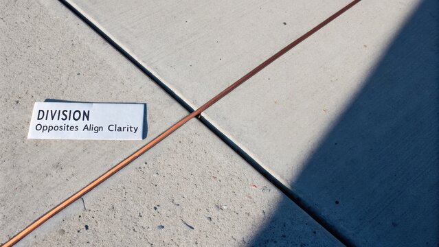 Copper Line on Concrete Surface with Division Sign Illustrating Concept of Opposites Aligning for Visual Clarity