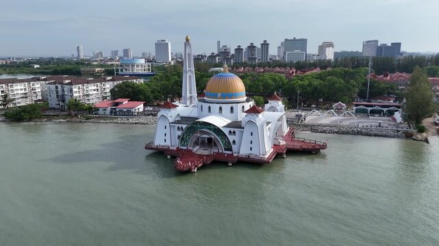 Aerial view of Melaka Straits Mosque. Floating Mosque in Malacca city, Malaysia.