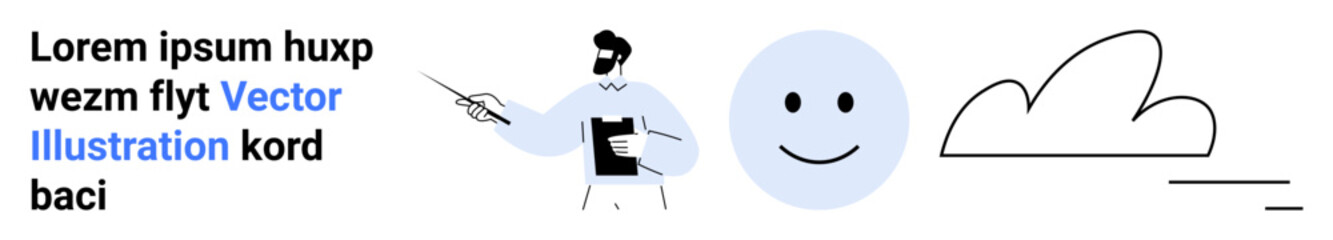 Obraz premium Education, communication, positivity, creativity, simplicity, digital design. A teacher pointing at text, a happy face icon and a minimalist cloud drawing. Education and communication concept