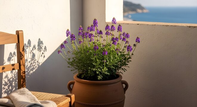 Lifestyle photograph of blooming adelfa plant in a terracotta pot on a Mediterranean-style balcony
