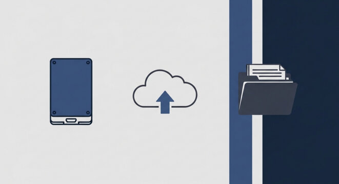 Mobile phone uploading data to cloud storage from a document folder with a blue and white color scheme