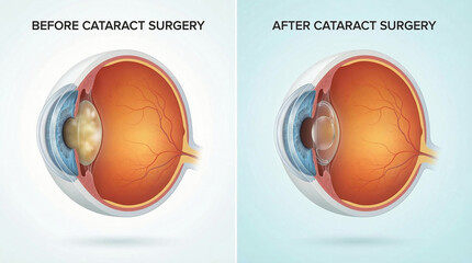 Eye Cataract Surgery Before and After Lens Implant Medical Illustration