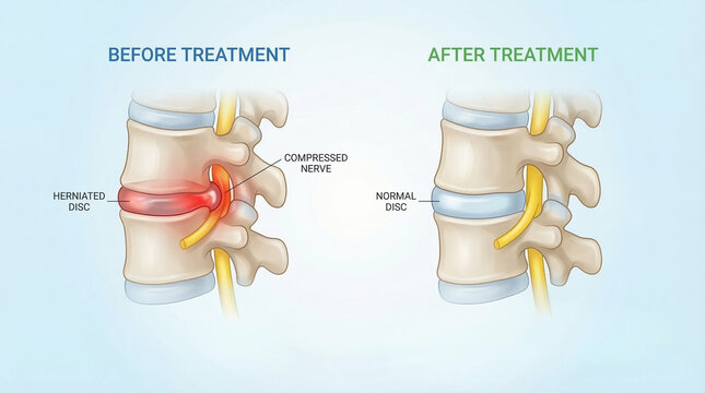Herniated Disc Spinal Cord Before and After Treatment Illustration