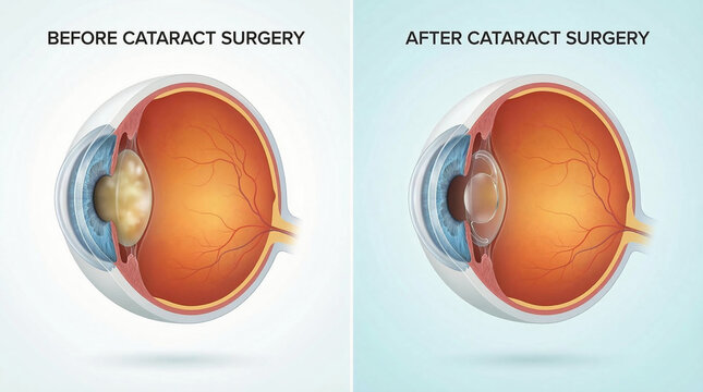 Eye Cataract Surgery Before and After Lens Implant Medical Illustration