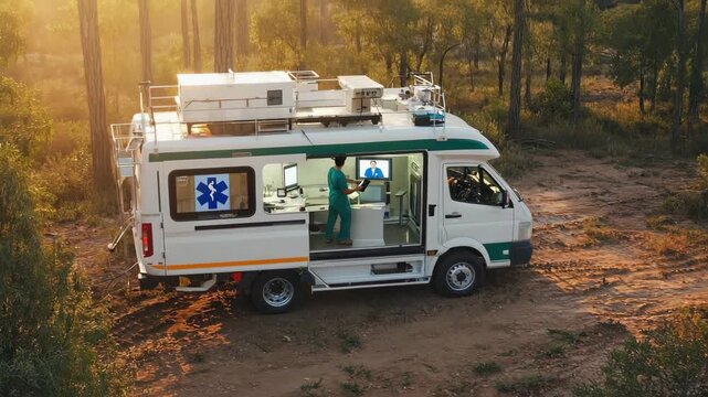  The male paramedic holds tablet showing specialist on video, medical equipment visible in vehicle, descending crane shot