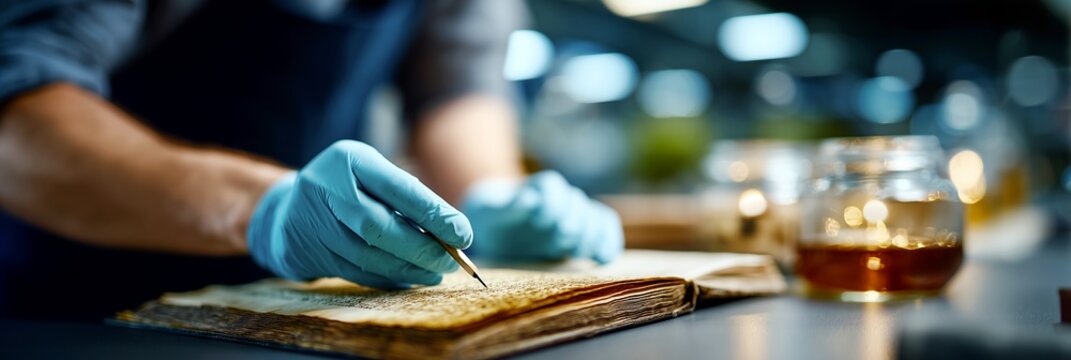 Conservator restoring aged book pages on library desk in soft light