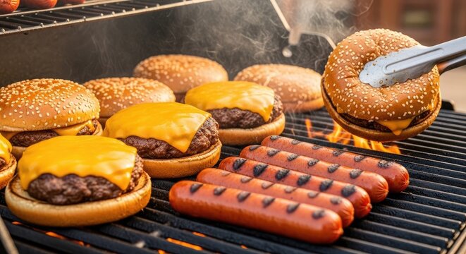 A grill is cooking several hamburgers and hot dogs over an open flame. A spatula is lifting a fully cooked hamburger off the grill.