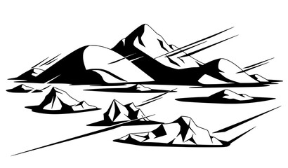 Black and white icy island vector with snow hills and frozen terrain minimal design © Md Humaun