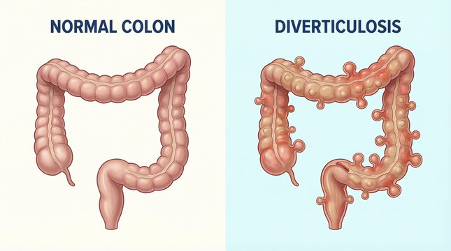 Diverticulosis and Normal Healthy Colon Medical Comparison Illustration