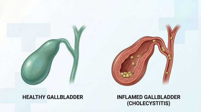 Cholecystitis Inflamed Gallbladder with Gallstones Comparison Illustration