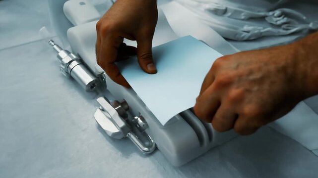 The male patient rolls liner onto limb, material shows realistic deformation and grip, camera performs micro-zoom on texture 