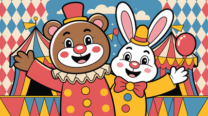 Fototapeta premium Cute cartoon bear and bunny circus performers waving hello.