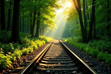 Fototapeta premium Serene forest railway, sunlight dappling leaves, relaxation, old